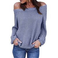 Theoylos Womens Sweaters Solid Color Off The Shoulder Knit Sweaters Pullover Ladies Autumn Winter Warm Long Sleeve Tops Gray