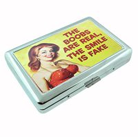 Real Boobs, Fake Smile Funny Sexy Metal Silver Cigarette Case Holder Wallet RFID-blocking