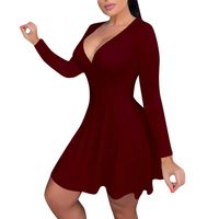 Cenglings Women's Casual V-Neck Long Sleeve Solid Color Mini Dress Slim Fit Flare Ruffle A-line Dress Party Nightclub Dress Wine