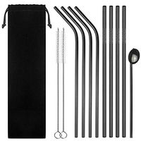 Stainless Steel Straws Metal Straws10 Pcs 10.5"/8 Pcs 8.5" Reusable Drinking Straws Rainbow Multi Colored Eco Straws Tumblers with 2 Cleaning Brush,1 Metal spoon and 1 Velvet bag (Black)
