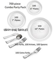 Party Combo Pack-700 Pieces, Premium Plastic CLEAR Plates and Silver Cutlery w/Bonus FDL Picks - SERVES 100 - INCLUDES 10" Plates, 7" Plates, 6" Plates, Forks (Double), Knives, Spoons