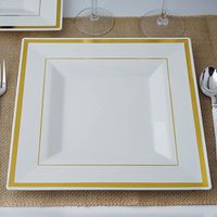 BalsaCircle 20 pcs 10.75-Inch White with Gold Trim Plastic Square Plates - Disposable Wedding Party Catering Tableware