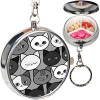 Portable Metal Pill Organizer Keychain Case Stash Box with 3 Compartments for Medicine Vitamin (Funny Cats Black)