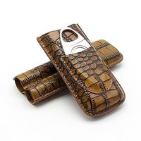 2 Pcs Genuine Leather Pocket Cigar Travel Holder, Ehonestbuy 2 Compartments Mini Humidor Case with Cigar Cutter (Embossed Brown)