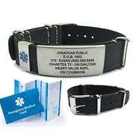 Top Grain Leather NATO Medical ID Bracelet. Incl.5 Lines Custom Engraving - Black