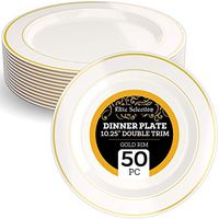 Disposable Plastic Dinner Plates - 50 Pack Hard Round 10.25” Cream Plate with Elegant Gold Double Trim for Wedding, Birthday, and Party - by Elite Selection