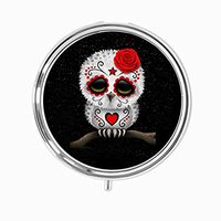 Custom Fashion Round Pill Box Medicine Tablet Holder Wallet Organizer Case for Pocket or Purse (Sugar Skull owl)