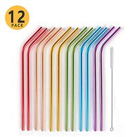 Vismoore Reusable Metal Straws, Rainbow Colorful Curved Drinking Straws with Long Cleaning Brush for 20oz Tumblers Yeti, Birthday Presents Party Favors, 8.5 Inches, Set of 12