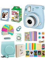 Fujifilm Instax Mini 9 Instant Camera Ice Blue & White Set 15 in 1 Automatic Instant Film Photo Camera Includes case/Film/Photo Album/Selfie Lens/Color Filters/Stickers (Ice Blue & White)+More