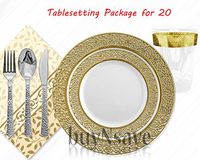 Elegant Wedding Party Disposable Plastic Plates Inspiration White with Gold,for 20 Guests,Dinner Plates10.25",Salad Plates7",Napkins,Tumblers,Forks,Spoons,Knives,with 1 Vanilla Scent Diamond Candle