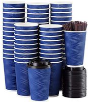 Disposable Coffee Cups with Lids and Straws - 16 oz (90 Set) Togo Hot Paper Coffee Cup with Lid To Go for Beverages Espresso Tea Insulated Reusable Cold Drinks Ripple Cups Protect Fingers From Heat!