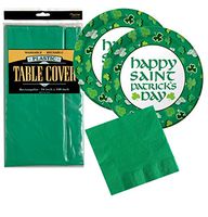 St Patricks Day Disposable Dinnerware Party Bundle - Argyle Shamrocks - Dinner Plates, Napkins, Tablecover (Serves 16)