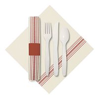 Hoffmaster 120010 Rolled Cutlery Set with Printed Dishtowel Dinner Napkin with Knife, Fork, and Spoon, White/Red (Pack of 100)