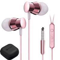 Wired Headphones Metal Earbuds, Rockindeer Earphone with Microphone Noise Cancelling Stereo Heave Bass Earbud with Volume Control, In Ear Headphones for iPhone Samsung Android Phone iPad Tablet Pink