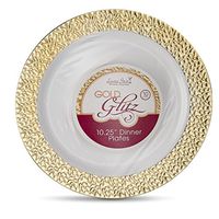 [48 Count - 10 Inch Plates] Laura Stein Designer Tableware Premium Heavyweight Plastic White Dinner Plates With Gold Border, Party & Wedding Plate, Glitz Series, Disposable Dishes