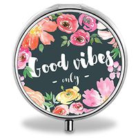 Lovely Pattern Travel Portable 3 Grid Stainless Steel Storage Box Small Round Medicine Drug Pill Case Container with 3 Compartments (Good Vibes)