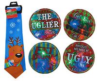 Novelty Ugly Christmas Sweater Reindeer Inspired Musical Christmas Tie Assortment, 56" Plays Jingle Bells at The Push of a Button! Plus Bonus Ugly Sweater Flashing Light Button!