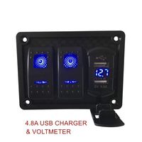 Switchtec 2 3 5 7 Gang Rocker Switch Panel with 4.8 Amp Dual USB Rocker Style Fast Charger w/Voltmeter, Blue Backlit Led, Pre-Wired switches and USB Charger. (4.8A Blue Style with 2 Switches)