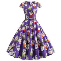Makaor Women's Summer Dress Short Sleeve V Neck Dress Swing A Line 1950s Vintage Dress Retro Dress,Pineapple/Cherry/Flower Print (L, E)