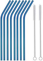 Reusable Stainless Steel Bent Straws WEEGCN 2-SET 60MM Aperture Drinking Metal Straws,Ultra Long Wide Safe Straws for Smoothies, Milkshakes Cleaning Brushes & Storage Pouch (Blue1)