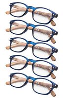 5-pack Spring Hinges Fashion Ladies Readers Wood-look Arms Reading Glasses for Women BlueTransparent +0.50