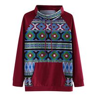 HNTDG Women Autumn Winter High Collar Drawstring Long Sleeve Patchwork Print Pocket Pullover Fleeces Blouse Wine