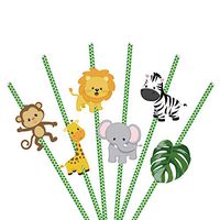Jungle Animal Party Decorations,Jungle Animal Paper Straws 36Ct-Forest Theme Stripe Paper Straws with Monkey,Elephant,Giraffe and Zebra Straws for Birthday Party