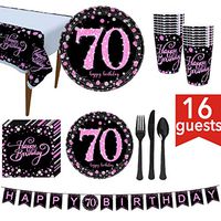 chuwa Disposable Dinner Plates with Cutlery - 114 Piece Paper Party Plates for 70th Birthday Set - Service for 16 Guests Includes Banner Disposable Tablecloth Plates Napkins Cups Knives Spoons Forks
