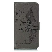 iPhone 11 Pro 2019 Case, Shockproof Premium Soft PU Leather Flip Notebook Wallet Case Embossed Feather Birds with Magnetic Stand Card Holder Slot Folio TPU Bumper Protective Skin Cover Gray