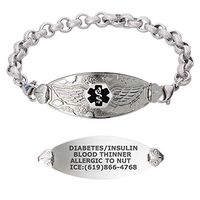 Divoti Custom Engraved Medical Alert Bracelets for Women, Stainless Steel Medical Bracelet, Medical ID Bracelet w/Free Engraving – Angel Wing Tag w/Textured Rolo -Black-8.0"