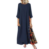 WENOVL Maxi Dresses for Women，Women Casual Patchwork 3/4 Sleeves O-Neck Button High Low Hem Plus Size Dress Navy