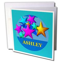 3dRose Vibrant colored stars on a blue background personalized with the name ASHLEY - Greeting Cards, 6 x 6 inches, set of 12 (gc_52965_2)