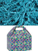 Watercolor Mermaid Design Gable Gift Box with Choice of Crinkle Paper Shred Color 8.5"x4.75"x5.5" with Handle (Teal Shred)