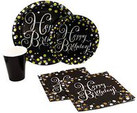 Sparkling Happy Birthday Pack! Disposable Paper Plates, Napkins and Cups Set for 15 (With free extras)