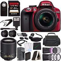 Nikon D3300 DSLR Camera with 18-55mm AF-P DX Lens (Red) + Nikon AF-S DX NIKKOR 55-200mm f/4-5.6G ED VR II Lens + Battery + Charger + 64GB SDXC Card + Flash Bundle 7