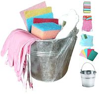 Spring Household Cleaning Caddy Bucket Pail Gift Bundle - 5pc Scouring Pads, 5pc Colorful Cleaning Sponges, 2pk White 100% Cotton Washcloths, Reusable Latex Gloves, Tin Pail Bucket - Bundle of 14-Item