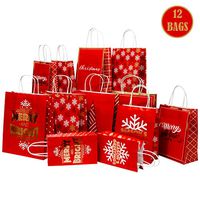Christmas Gift Bags with Metallic foil Finish,Large, Petite Medium and Extra Small Variety Pack, 4 Bags in Each Size (Set of 12 Bags) (Merry Red & Gold)