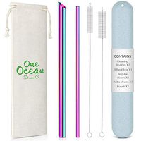 Reusable Rainbow Metal Stainless Steel Straws: Regular Metal Straws + Metal Boba Straws + Wheat Cases + 2 Cleaning Brushes + 1 Pouch, for Hot and Cold Drinks,Blue case
