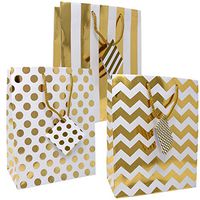 12 Gift Boutique Medium Metallic Gold Gift Bags; Polka Dots, Stripes and Chevron Exquisite Designs; Birthday, Graduation, Baby Shower, Wedding Gift Bags