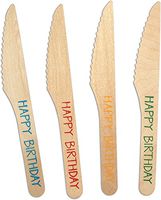 CaterEco 100-Piece Birchwood Compostable Knives, Happy Birthday Print