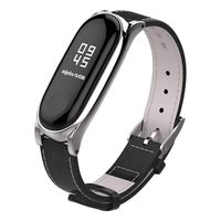 Mijobs Compatible Xiaomi Mi Band 3, Genuine Leather Replacement Strap Breathable Wristband with Metal Frame Bracelet Accessories for Xiaomi Mi Band 4 Smart Watch Bracelet Wristband (Black and Silver)
