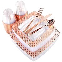 WDF 150PCS Rose Gold Plastic Plates with Disposable Plastic Silverware&Cups, Diamond Square Plastic Tableware include 25 Dinner Plates,25 Salad Plates,25 Forks, 25 Knives, 25 Spoons,25 Plastic Cups