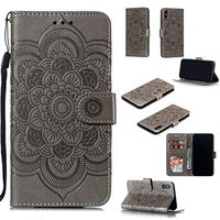Cfrau Wallet Case with Black Stylus for iPhone Xs Max,Beautiful Mandala Sunflower Embossed PU Leather Magnetic Flip Stand Soft Silicone Card Slots Case with Wrist Strap - Gray