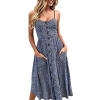 Fanteecy Women's Summer Bohe Elegant Floral Printed Spaghetti Straps Sleeveless Floral Button Down Swing Midi Dress with Pockets (S, Navy)