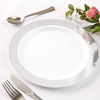 Efavormart 50 Pieces 10" White Disposable Round Salad Dessert Plate With Silver Checkered Rim for Wedding Banquet Party Decor