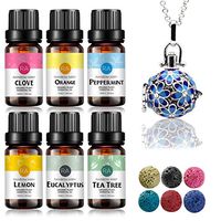 RAINBOW ABBY 6 Pack Essential Oil Necklace Set with 6 Aroma Spread Stones, (Tea Tree, Clove, Peppermint, Orange, Eucalyptus, Lemon) Blue Pendent 31.5" Sliver Chain
