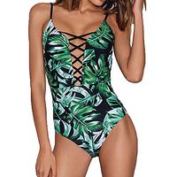 Moilant Women Leaf Print Bikini Swimsuits Criss Cross Bikini Beachwear One Piece Bathsuit Slim Casual Green