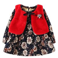 Driuankeji Newborn Infant Baby Girl Floral Dress Faux Fur Vest Kids Winter Warm 2pc Outfits Red