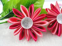 12pcs Ribbon Lotus W/Stone Wedding Sewing Appliques Decorations Crafts Upick (Watermelon Red)