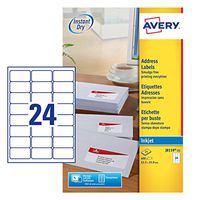 Avery J8159-25 Self-Adhesive Address/Mailing Labels, 24 Labels per A4 Sheet